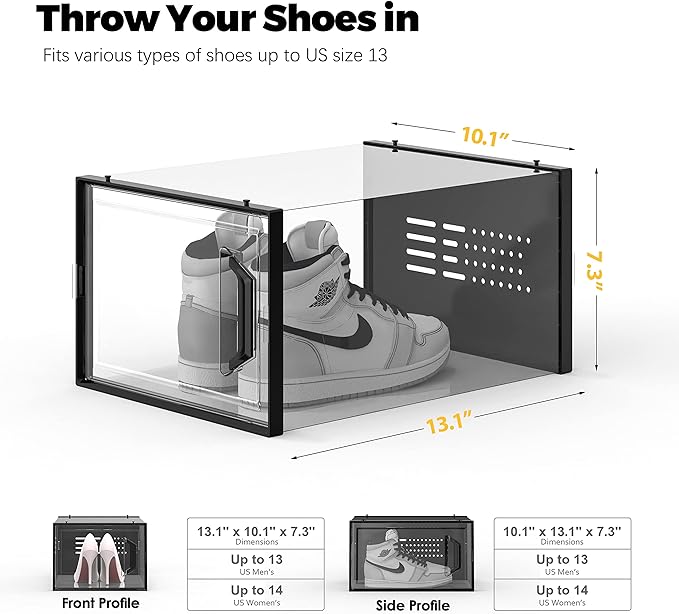 SEE SPRING XX-Large Shoe Storage Box Fit Size 14, Clear Plastic Stackable Shoe Organizer for Closet, Space Saving Sneaker Shoe Rack Containers Bins Holders for Entryway, Under Bed, 12 Pack Black