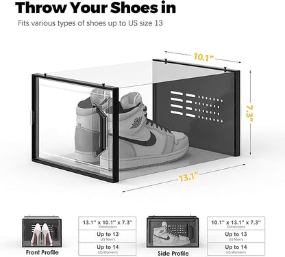 SEE SPRING XX-Large Shoe Storage Box Fit Size 14, Clear Plastic Stackable Shoe Organizer for Closet, Space Saving Sneaker Shoe Rack Containers Bins Holders for Entryway, Under Bed, 12 Pack Black