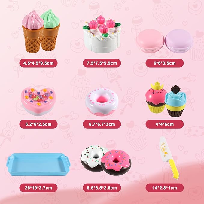 Play Food Sets for Kids Kitchen - Kitchen Accessories for Kids - Toy Food - Pretend Play Plastic Desserts Cake Ice Cream and Donuts - Educational Toy Gift for Toddler, Boys, Girls, Kids