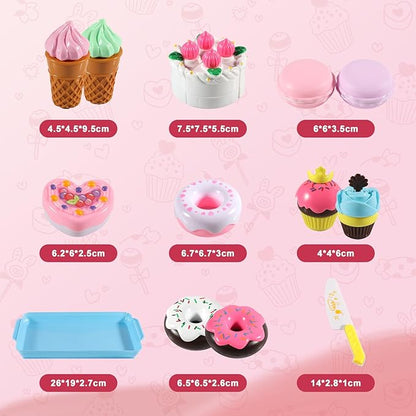 Play Food Sets for Kids Kitchen - Kitchen Accessories for Kids - Toy Food - Pretend Play Plastic Desserts Cake Ice Cream and Donuts - Educational Toy Gift for Toddler, Boys, Girls, Kids