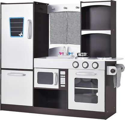 Costzon Kids Kitchen Playset, Wooden Toddler Kitchen Toy Set with Realistic Sound, Microwave, Oven, Refrigerator, Chalkboard & Towel Rack, Pretend Play Kitchen, Gift for Boys Girls (Coffee)