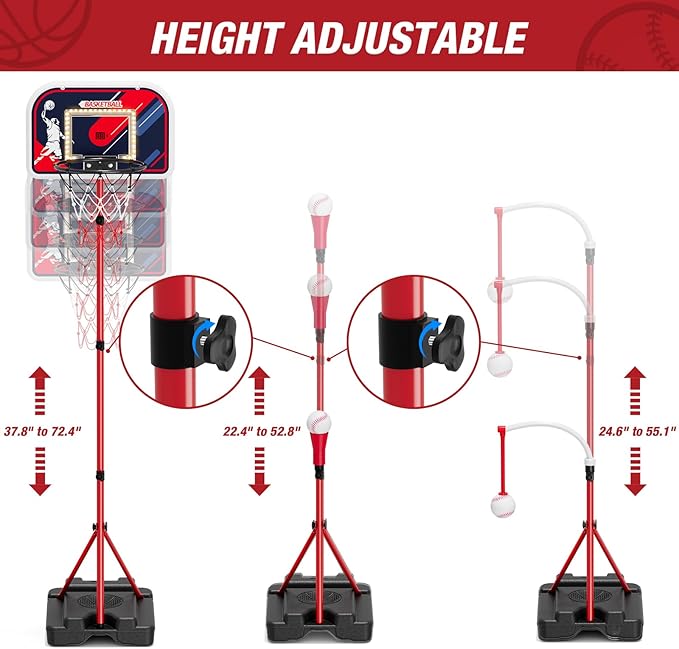 HYES 4 in 1 Kids Basketball Hoop and Tball Set 3-5, Basketball Goal with Scoreboard&LED, Hanging Tee Ball Stand with Baseball Pitching Machine, Indoor Outdoor Sport Toys for Boys 4-8