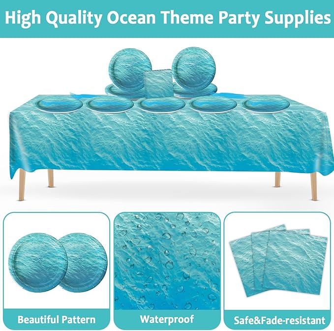 gisgfim Ocean Sea Birthday Party Supplies Ocean Waves Party Tableware Includes Ocean Birthday Party Plates Napkins Fork and Ocean Sea Theme Tablecloth for Birthday Parties Decorations Set Serve 20