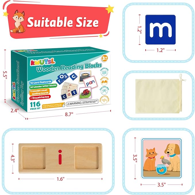 Learnign Toys for 2 3 4 5 6 Years Old Boys Girls, Wooden CVC Reading Spelling Game for Kids, Preschool Kindergarden Learning Activities, Educational Toys Gifts for 2-4 3-5 4-6 Year Old Kids