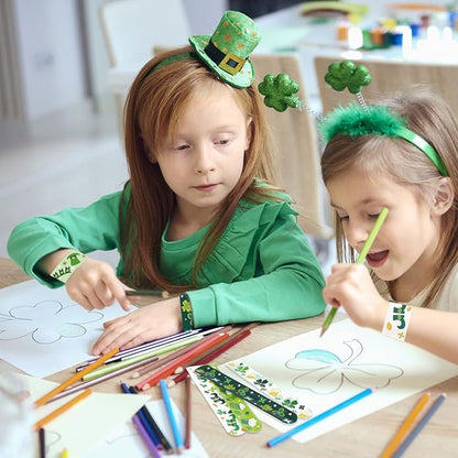 KIMOBER 48PCS St. Patrick's Day Slap Bracelets,Green Snap Wristbands with Sharmrock Cauldron for Kids Party Favors