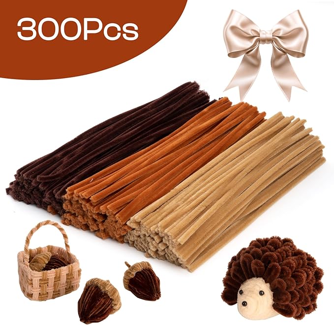 Caydo 300 Pieces Brown Pipe Cleaners for Flowers, Thick Fluffy Chenille Stems Bulk for Making Animals and Kids Creative Arts and Crafts