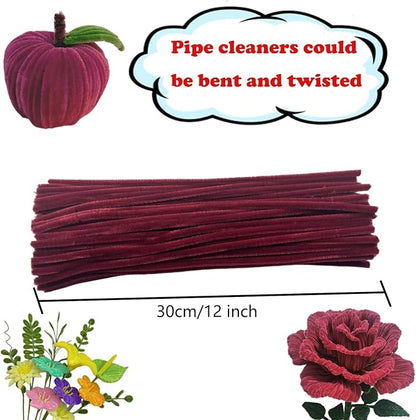 Swpohrat 100 Pieces Wine Red Pipe Cleaner Craft Set,Thick Fuzzy Chenille Stem Pipe Cleaners for DIY Craft Projects and Decorations