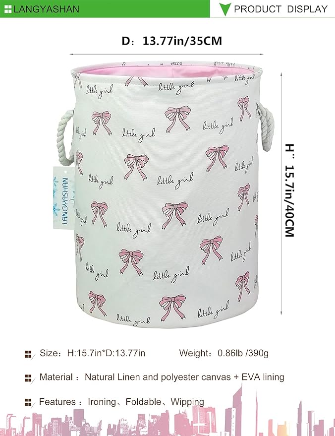 LANGYASHAN Laundry Basket Canvas Collapsible Organizer Storage Basket for Boys Girls Laundry Hamper Toy Bins Gift Baskets Bedroom Clothes Children Nursery (Bowknot)