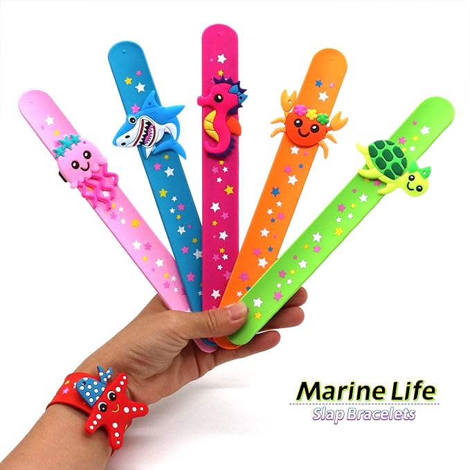 Marine Life Slap Bracelets Party Favors for Kids(6pack)-Jellyfish/Crab/Shark/Starfish/Turtle/Seahorse Goodie Bag Stuffers for Boys&Girls Marine Life Theme Party Supplies Carnival Prizes Suit
