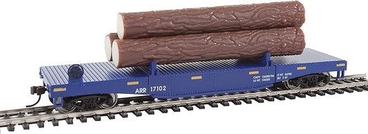 Walthers Trainline HO Scale Model Log Dump Car with 3 Logs - Ready to Run Alaska Railroad #17102 (Blue, Yellow Conspicuity Marks)