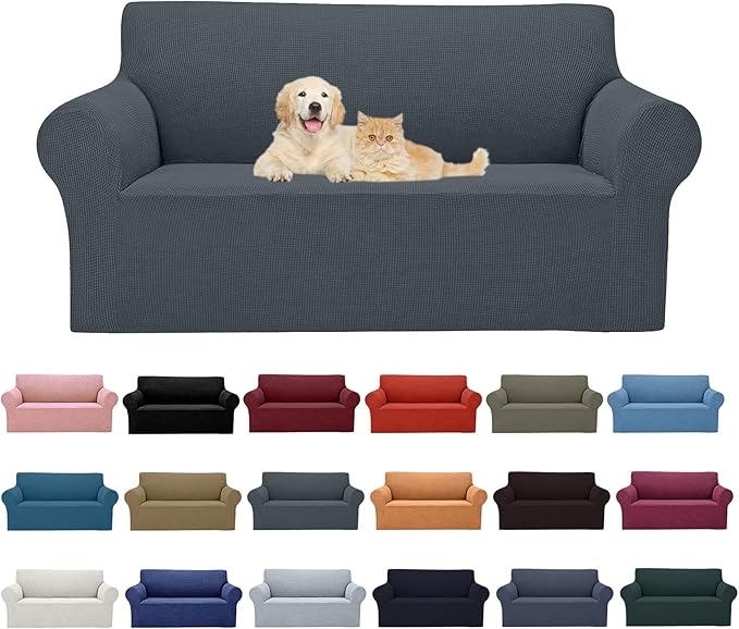 2025 New Stretch Loveseat Sofa Slipcovers Couch Cover for 2 Cushion Furniture Protector Sofa Covers with Elastic Bottom Jacquard Fabric Small Checks for Pets, Kids - Grey