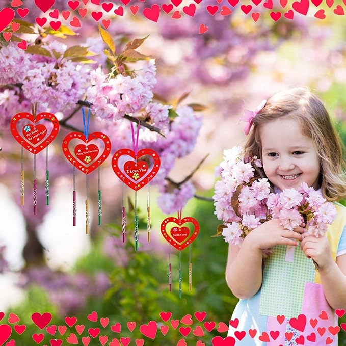 Fennoral 27 Pack Heart Wind Chime Kit for Kids Make You Own Red Heart Wind Chimes Valentine's Day Wooden Ornaments for Kids Art and Craft Valentine's Day Gifts Party Decoration