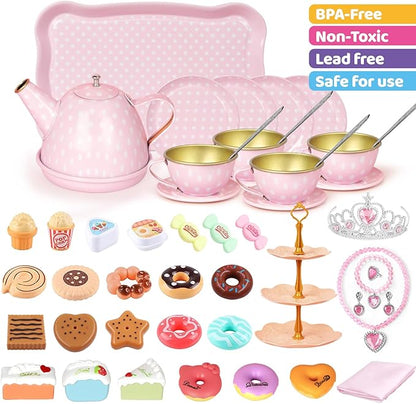 Tea Party Set for Little Girls, 49PCS Princess Tea Time Toys Including Tea Set Dessert Carrying Case, Kids Kitchen Pretend Playset, Tea Set for Girls Birthday Toddler Gifts Age 3-8