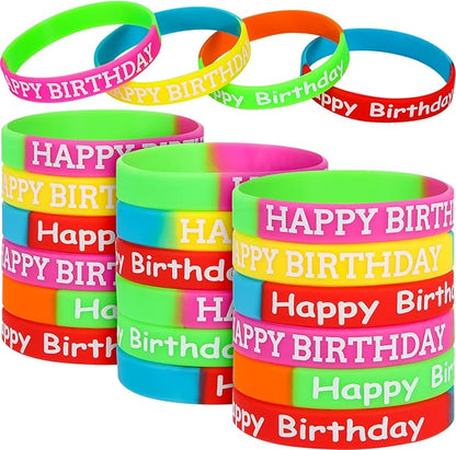 JOVITEC 48 Pieces Rubber Bracelets for Happy Birthday Gift Colored Silicone Bracelets for Teenagers Birthday Party Favors for Happy Birthday Party Supplies (48 Pieces, Style Set 1)