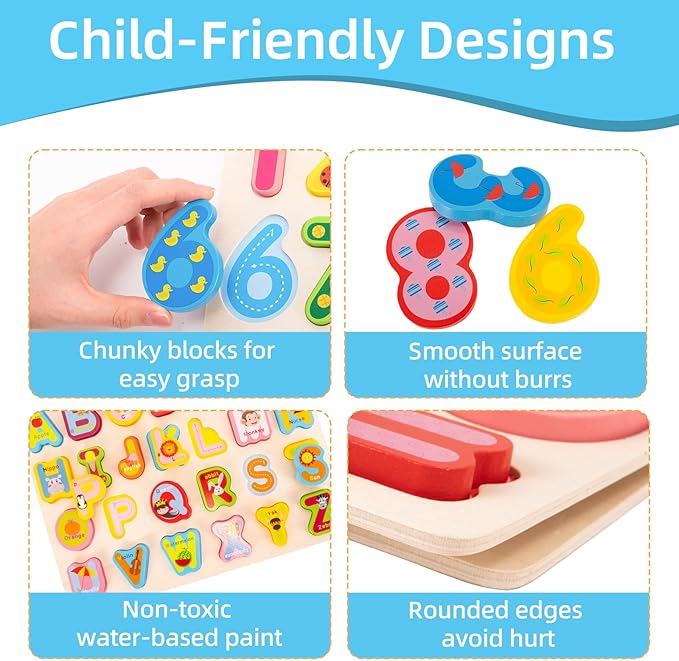 Wooden Alphabet Number Shape Learning Puzzles for Toddlers, 3 in 1 ABC Letter Puzzle Board Set for Kids Ages 3-5 Educational Alphabet Learning Toys for Preschoolers Boys Girls Gifts