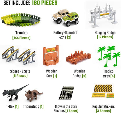 JITTERYGIT Dinosaur Jurassic Race Track Train Glow in The Dark World Toy Set, Kids Dino Racetrack Park Includes T-Rex & Triceratops Playset - Best Birthday Gift for Boys & Girls 3 4 5 6 7 8 Year Old