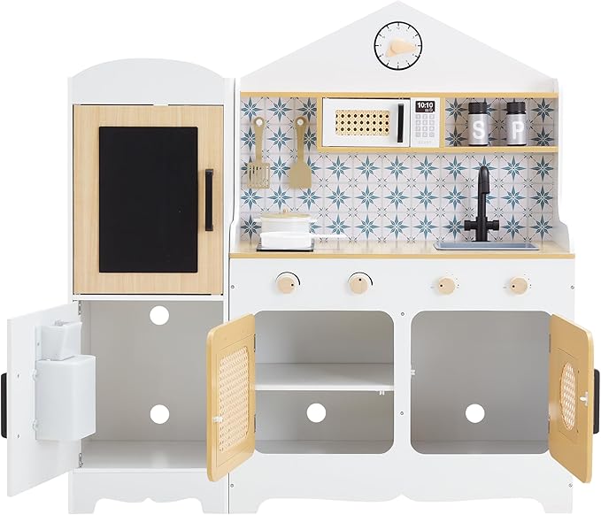 Teamson Kids Little Chef Morocco Play Kitchen with Chalkboard, Ice Dispenser, and 11pc. Accessory Set, White/Natural