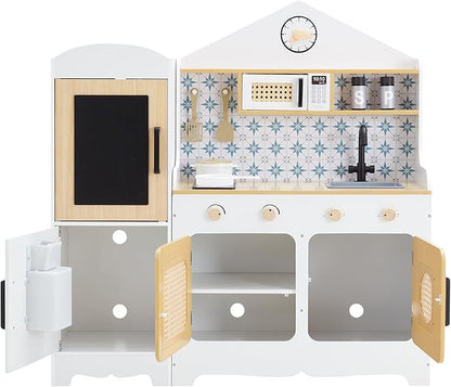 Teamson Kids Little Chef Morocco Play Kitchen with Chalkboard, Ice Dispenser, and 11pc. Accessory Set, White/Natural