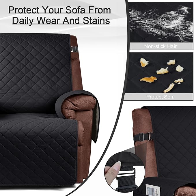 KinCam 100% Waterproof Recliner Chair Cover, Reclining Couch Covers for Pets, Dogs, Recliner Couch Slipcover Furniture Protector with Elastic Straps for Kids(23.6", Black)