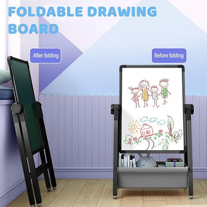 Art Easel for Kids, Double Sided Kids Easel Drawing Board, Whiteboard & Chalkboard for Kids, 360°Rotating Adjustable Kids Easel Art Set, Standing Erasable Easel Board, Easel for Classroom (Black)