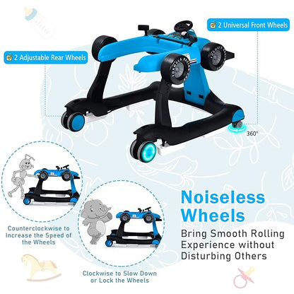 BABY JOY 4-in-1 Baby Walker, Foldable Activity Walker with Adjustable Height & Speed, Music, Lights, Anti-Rollover, Toddler Push Walker, Baby Walker with Wheels for Boys Girls 6-18 Months (Blue)