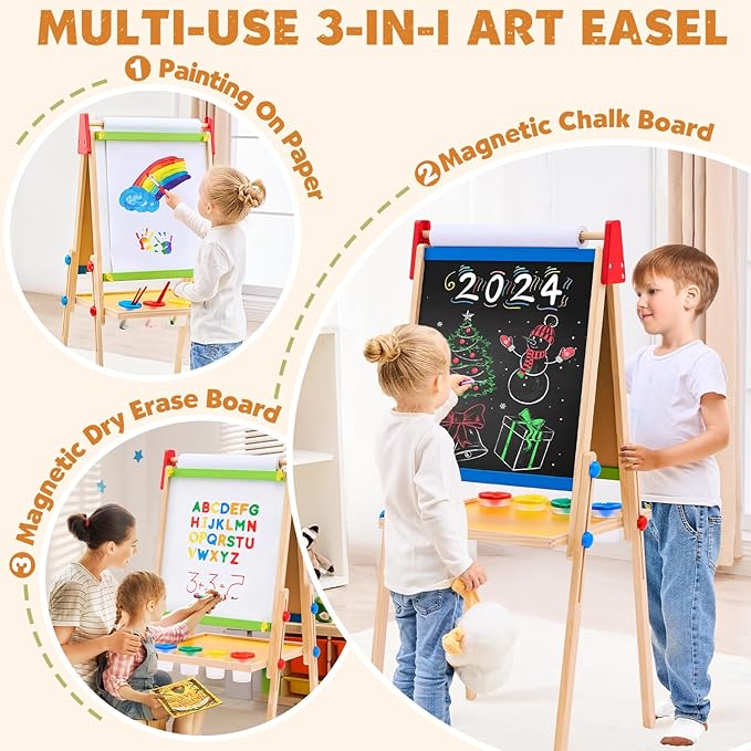 Art Easel for Kids Easel for Toddlers, Adjustable Wooden Kids Drawing Easel with Magnetic Whiteboard & Chalkboard, Kids Dry Erase Board, Easel for Kids Ages 3 4-8 9-12,Green w/Tray