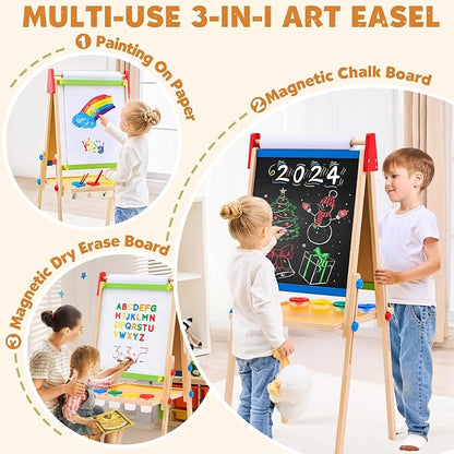 Art Easel for Kids Easel for Toddlers, Adjustable Wooden Kids Drawing Easel with Magnetic Whiteboard & Chalkboard, Kids Dry Erase Board, Easel for Kids Ages 3 4-8 9-12,Green w/Tray