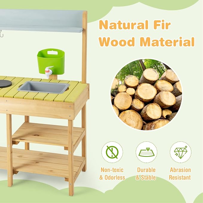 HONEY JOY Mud Kitchen, Fir Wooden Play Kitchen for Toddlers, Mud Table, Running Water, Removable Sink, Outdoor Kids Kitchen Playset, Mud Kitchen for Kids Outdoor, Gift for Boys Girls