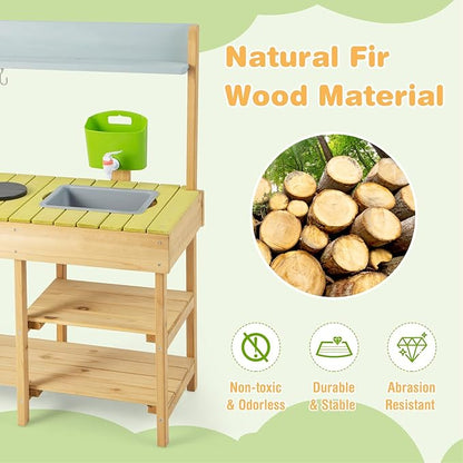 HONEY JOY Mud Kitchen, Fir Wooden Play Kitchen for Toddlers, Mud Table, Running Water, Removable Sink, Outdoor Kids Kitchen Playset, Mud Kitchen for Kids Outdoor, Gift for Boys Girls