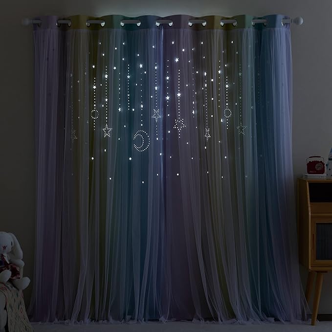 NICETOWN Nursery Blackout Curtains for Girls,Adult 2 Panel Sets, Moon Stars Kids Curtains Double Layer Window Drapes Coverings for Bedroom Living Room, 52 x 84 Inch, Rainbow