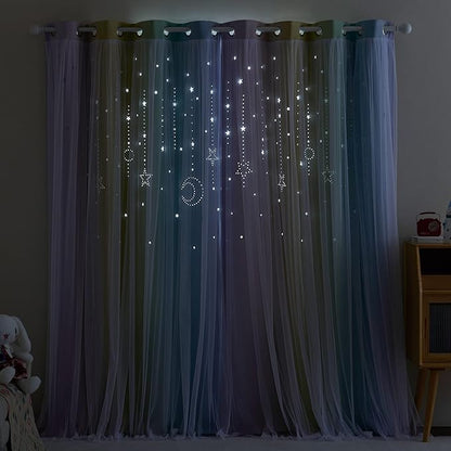 NICETOWN Nursery Blackout Curtains for Girls,Adult 2 Panel Sets, Moon Stars Kids Curtains Double Layer Window Drapes Coverings for Bedroom Living Room, 52 x 84 Inch, Rainbow