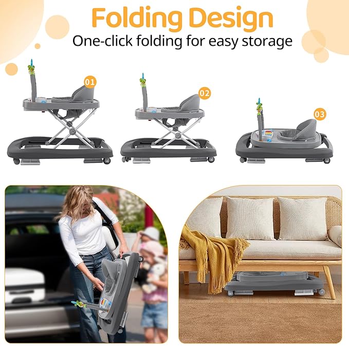 Baby Walker, Music & Removable Footrest with Toys, 3-Height Adjustable, Foldable 4-in-1 Activity Center for Infant and Toddler, Baby Walker for Baby Boy Girls 7–18 Months