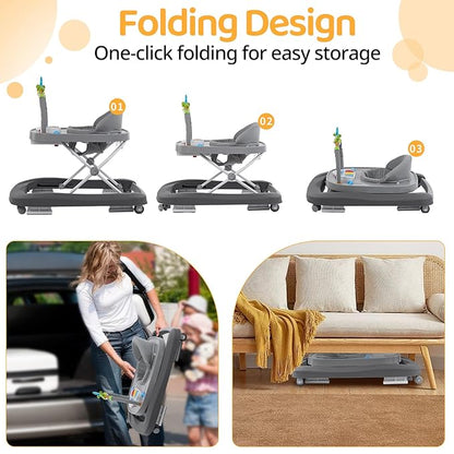 Baby Walker, Music & Removable Footrest with Toys, 3-Height Adjustable, Foldable 4-in-1 Activity Center for Infant and Toddler, Baby Walker for Baby Boy Girls 7–18 Months