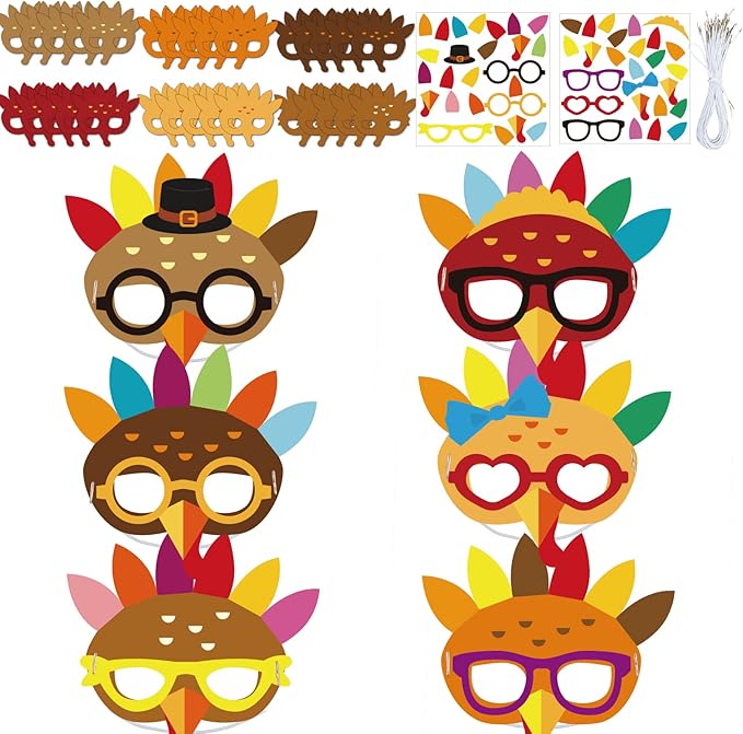 chiazllta 30 Packs Thanksgiving Turkey Masks Craft for Kindergarten Kids, Thanksgiving Art Craft Kit DIY Paper Masks for Preschool Home Classroom Game Activities Party Favors