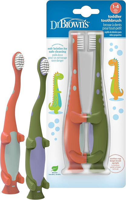 Dr. Brown's Toddler Toothbrush, Dinosaur, Green and Orange, 2-Pack