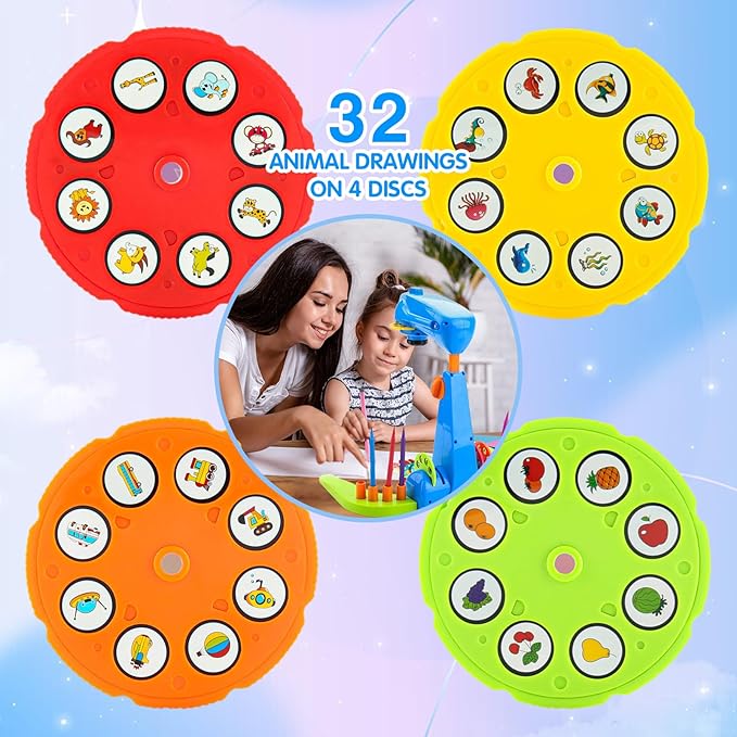 Enjoy Myself Kids Projection Drawing Toy,Smart Kids Projection Drawing Sketcher with 32 Cartoon Patters,Adjustable Art Sketcher Projector with 12-Color Watercolor Pens,8-Color Erasable Pens,Blue