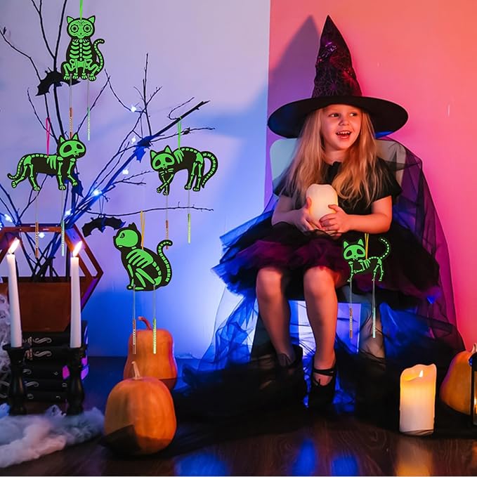 Fennoral 9 Pack Cat Wind Chime Kit for Kids Make You Own Glow in Dark Cat Skeleton DIY Coloring Wooden Arts and Crafts for Halloween Art Activity Halloween Party Decorations