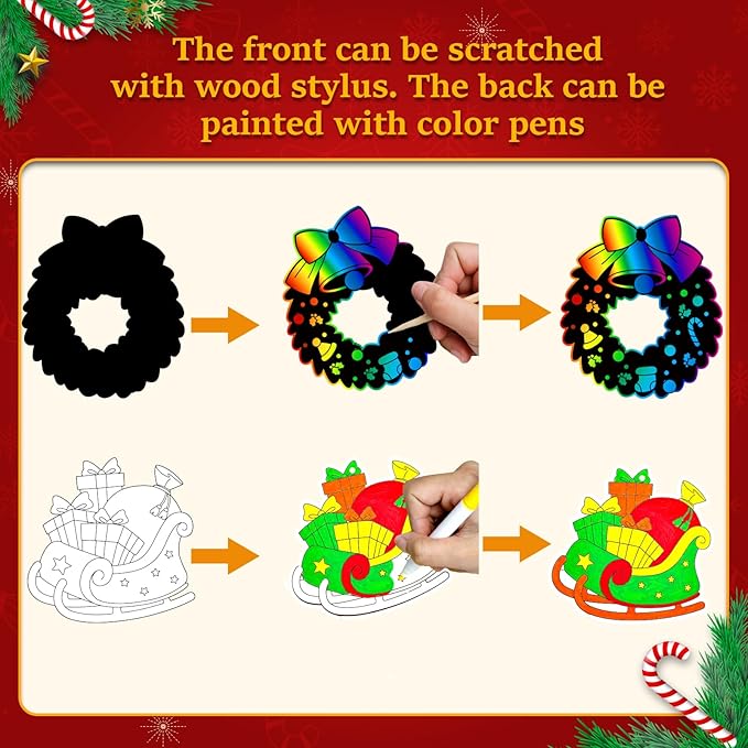 Garma 36Pcs Christmas Crafts Scratch Art for Kids, Rainbow Scratch Paper Christmas Ornaments Crafts Christmas Party Favors Toys Xmas Tree Ornaments Hanging Craft Art Kits