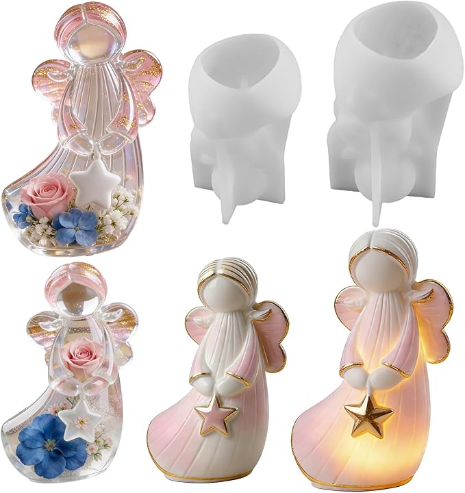 2Pcs Angel Resin Silicone Mold Set Clear Epoxy Resin Casting Molds for Flower Preservation DIY Bookends Art Crafts Home Decor Ornament Keepsake Making Casting Projects Soap Clay Candle