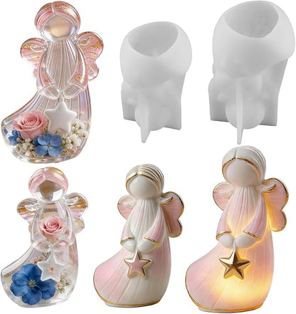 2Pcs Angel Resin Silicone Mold Set Clear Epoxy Resin Casting Molds for Flower Preservation DIY Bookends Art Crafts Home Decor Ornament Keepsake Making Casting Projects Soap Clay Candle