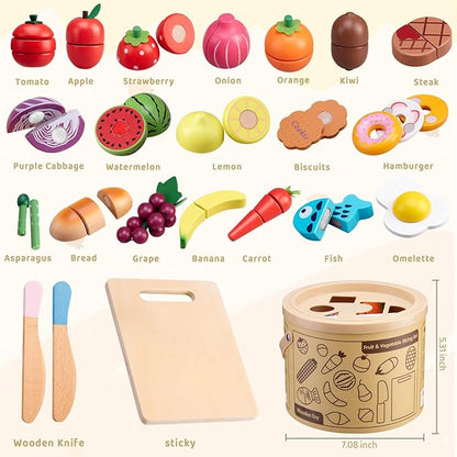 Wooden Play Food Sets for Kids Kitchen Accessories, Pretend Toy Food Velcro Fruit and Veggies Cutting Food Toy Set, Play Food Montessori Toys for 3 4 5 6 7 8 Boys and Girls Gift