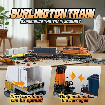 Burlington Train Building Set, Freight Cargo Train, with Rechargeable Motorized Working Head, 2 Coaches and 32 Tracks, Gift for Boys&Girls Teens Age12-16 (1065 Pieces)