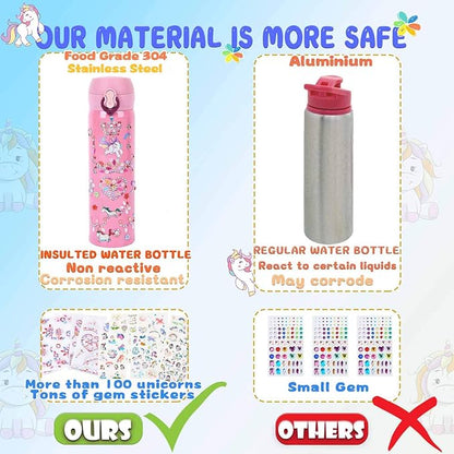 YOFUN Decorate Your Own Water Bottle with 11 Sheets of Unicorn Stickers & Glitter Gems, Craft Kit & Art Kit for Children, Gift for Girls Age 4 5 6 7 8 9 10 Years Old Kids, BPA Free Insulated (Pink)