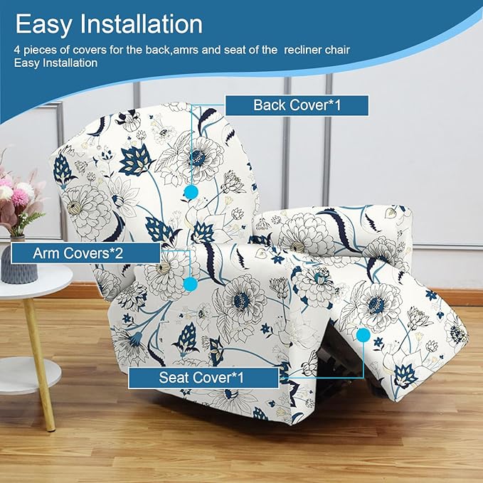 NILUOH Recliner Covers 4-Pieces Stretch Lazy Boy Recliner Chair Covers with Pocket Floral Pattern Reclining Slipcovers Soft Sofa Slipcover Furniture Protector for Pets Kids (Recliner, Pattern 31)
