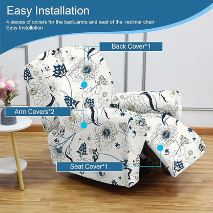 NILUOH Recliner Covers 4-Pieces Stretch Lazy Boy Recliner Chair Covers with Pocket Floral Pattern Reclining Slipcovers Soft Sofa Slipcover Furniture Protector for Pets Kids (Recliner, Pattern 31)