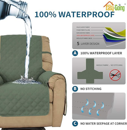Easy-Going Sofa Slipcover Waterproof Oversized Recliner Chair Cover Non-Slip Fabric Couch Cover for Living Room Washable Furniture Protector for Pets Kids Dog (Oversized Recliner, Greyish Green), 28"