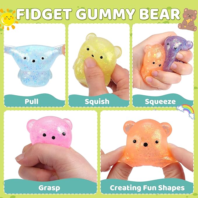 24 Pack Bear Stress Squishy Ball，Fidget Taba Squishy Toys for Kids ，Sugar Filled Gummy Stress Cube, Bear Toys Squeeze Balls for Party Favors, Classroom Prizes ,Goodie Bags Stuffer