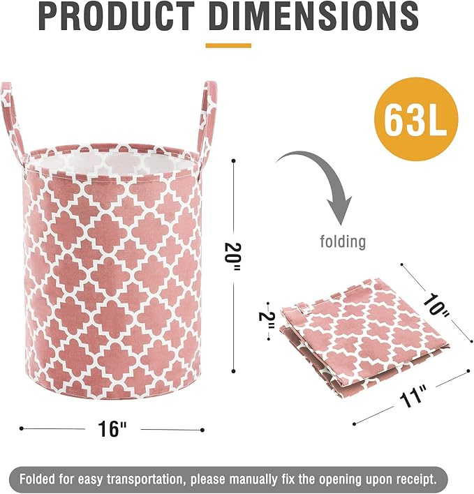 TECHMILLY 63L Large Laundry Basket with Long Handles, Collapsible Kids Laundry Hamper, Toy Storage Basket for Nursery, Bedroom Decor for Baby Girls and Boys (Pink Lattice)