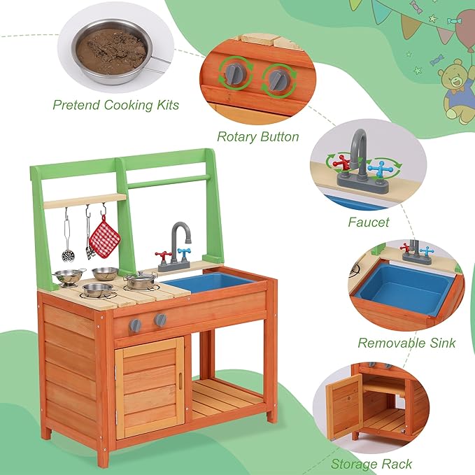 Mud Kitchen for Kids Outdoor - Kids Outdoor Play Kitchen Playset with Cookware Accessories - Perfect for Chef Pretend Play