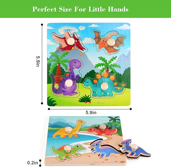 Wooden Peg Puzzles for Toddlers 1-3, Kids Educational Preschool Peg Puzzle Toy Ages 2-4, Set of 4 Dinosaur Toddler Puzzles, Ideal Gift for Ages 1 2 3 4 Boys and Girls